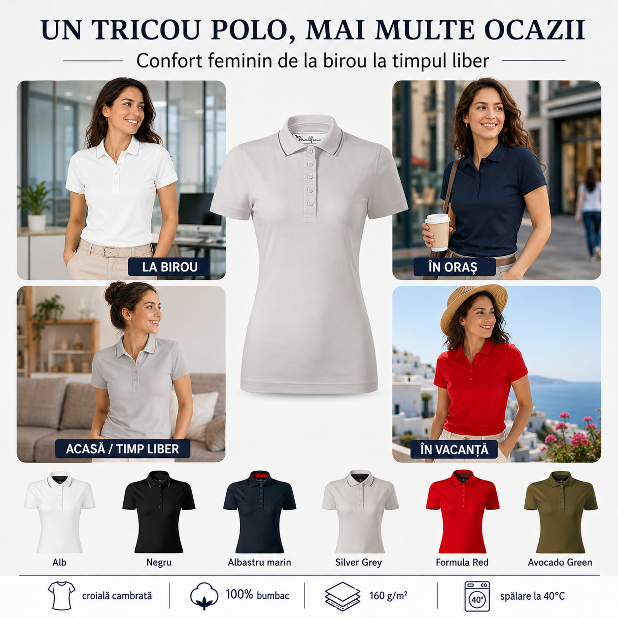 Tricou polo damă Malfini Premium potrivit pentru birou oraș weekend și vacanță